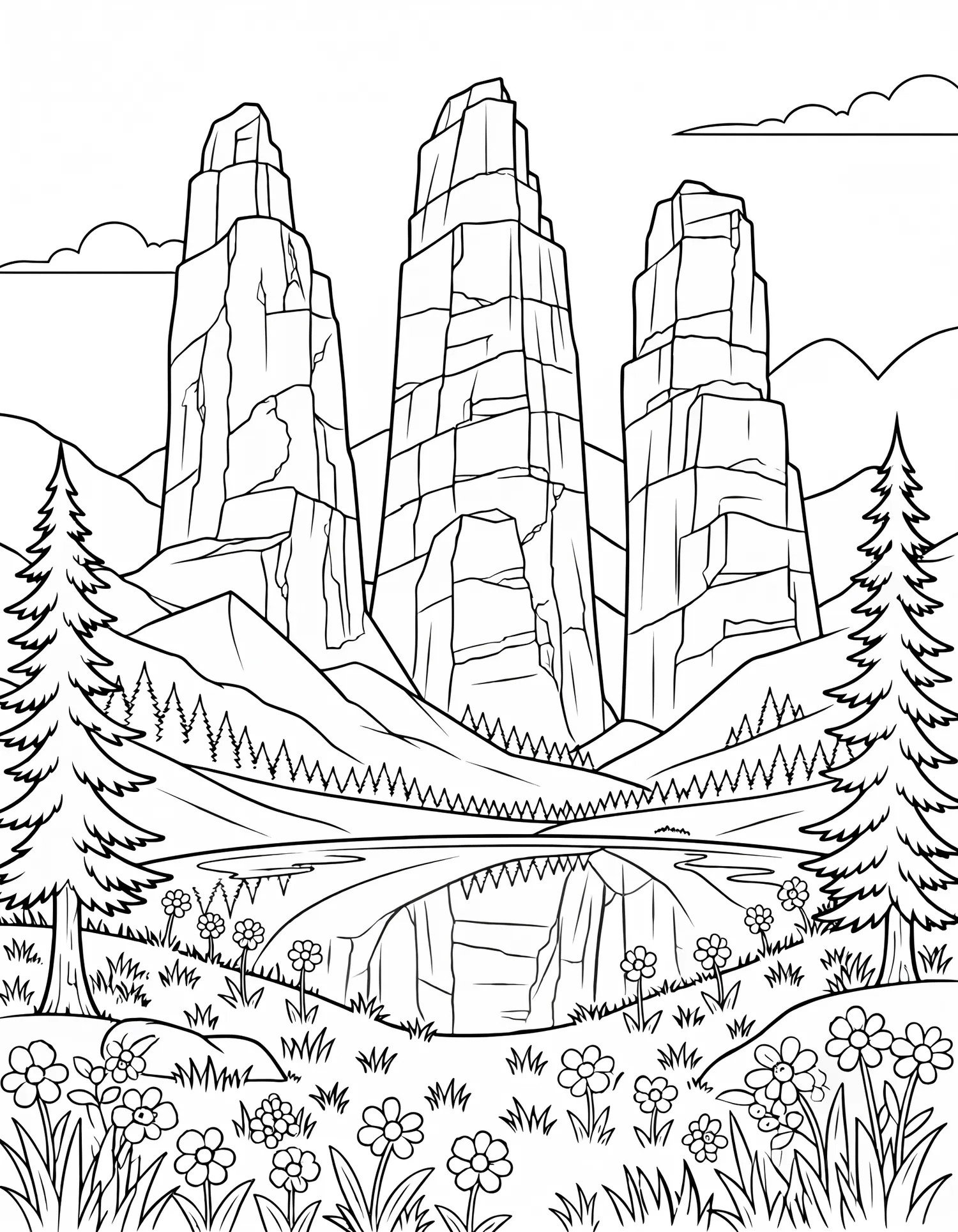 Tours Rocheuses Alpines Dramatiques — Coloriage paysage à imprimer gratuitement